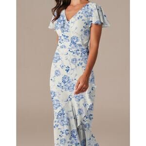 AW BRIDAL 0 XS blue white floral Celia formal spring party maxi dress NEW b134